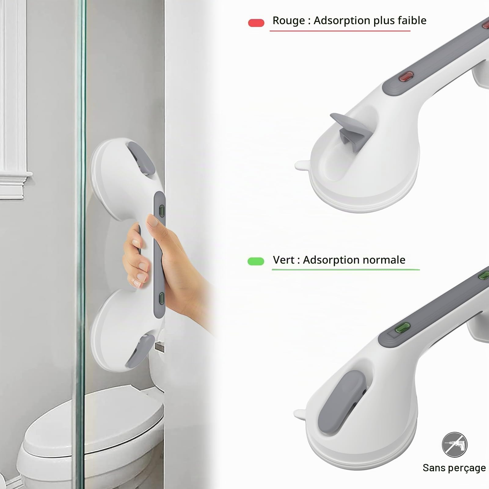 2pcs 16in Poignée de Baignoire, Poignée pour Salle, Barres d‘appui de Salle, Poignée de Douche, Poignée de Bain pour Personnes Âgées, Sans Perçage, pour Baignoire, Douche, Enfants et Seniors