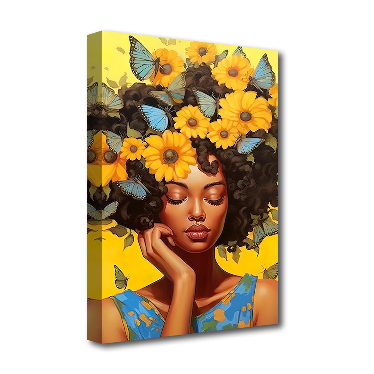 LZIMU Stampe su tela afroamericane Farfalla sulla testa di donne nere Quadri astratta della ragazza per la decorazione della parete della camera da letto delle ragazze Incorniciato (50.00x50.00cms