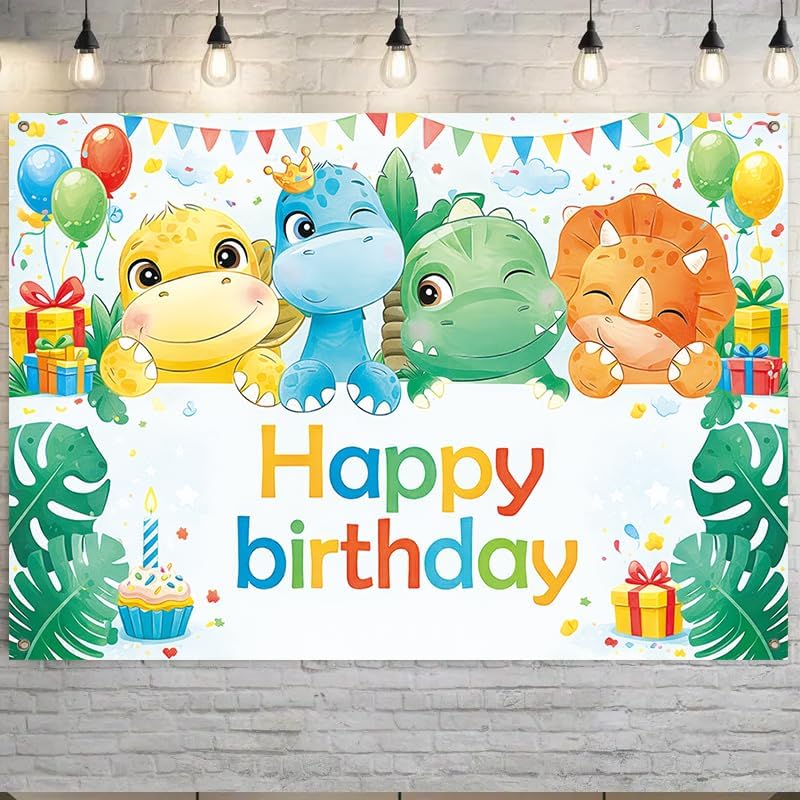 Happy Birthday Dinosaur Theme Banner (71x43 Inches), Large Party Backdrop for Yard Fence Patio Decoration, Four Cute Dinosaurs Outdoor Backdrop