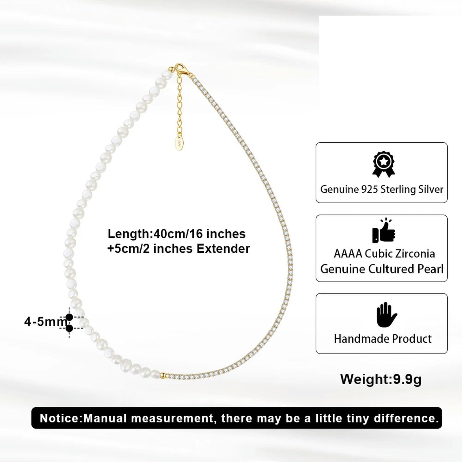 KELIEQA Collar de Perlas de Plata de Oro 925 con Perla barroca Natural de 3-4 mm Hecha a Mano Pearla pequeña para Mujeres