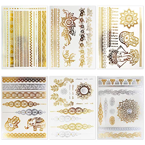 Henna Temporary Tattoos Kit, Tiction 6 Sheets Gold Metallic Tattoos Henna Tattoo Stickers Boho Temporary Tattoos for Women Men Adults & Kids, Flash Tattoo Face Body Tattoo Stickers