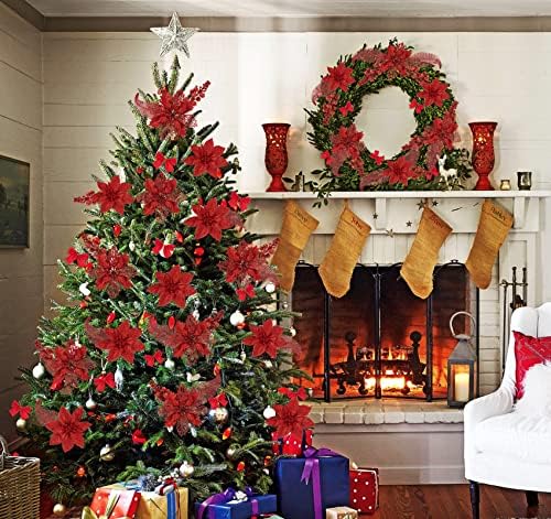 ilauke 30Pcs Glitter Artificial Poinsettia, Christmas Flowers Set for Wedding Christmas Decorations, Christmas Tree Ornaments, Garland Wreath Decoration, Glitter Artificial Leaves and Berry Stems, Red