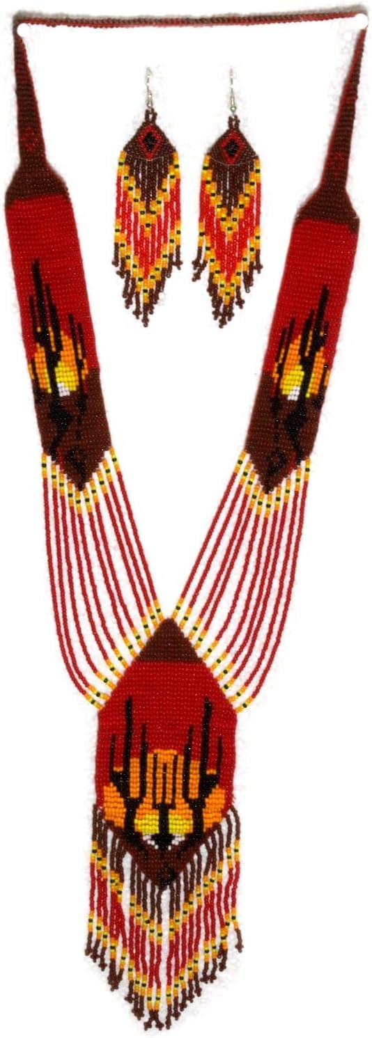 Long Beaded Necklace – Boho Native Handmade Seed Bead Tassel Necklace, Bohemian Large Statement Beaded Necklace for Women