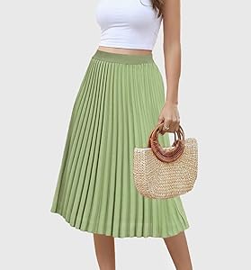 Women's Midi Skirt Elastic High Waist Pleated Skirt Knee Length Swing A-Line Casual Flowy Skirts 2025