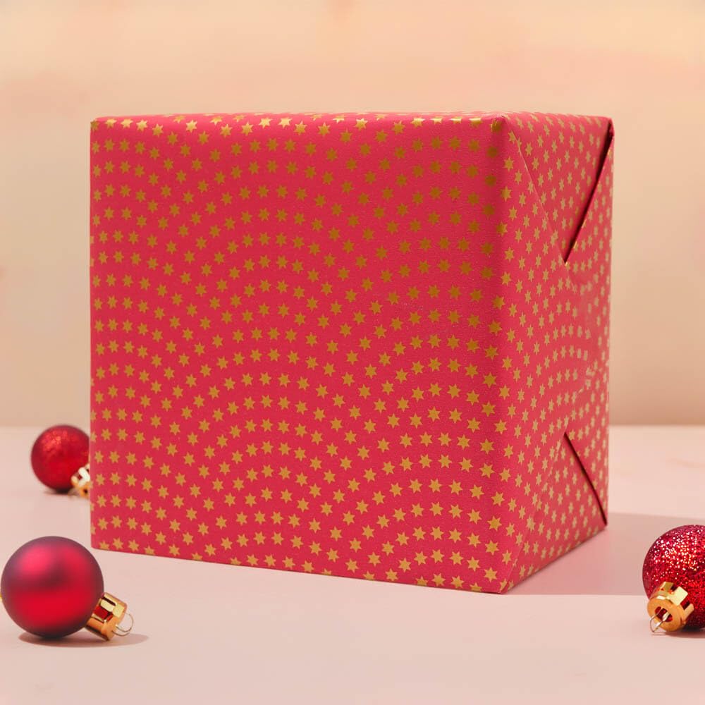 Geschenkpapier Kraft weiss - pink Sterne gold - extra stark 90g/qm 70 cm x 50 m, 1 Rolle(n)