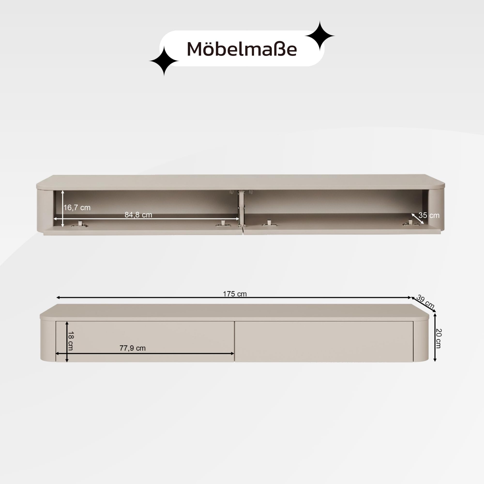 Selsey Hängendes TV-Lowboard 175 cm – Minimalistisches TV-Schrank in Kaschmir-Matt, mit Stauraum – Elegantes TV-Board für Wohnwand Wohnzimmer, MDF & Spanplatte, Kaschmirgrau