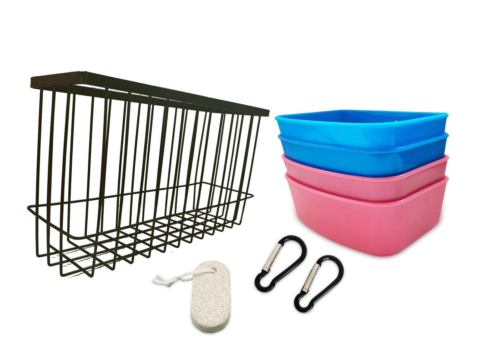 Hay Feeder for Rabbit Guinea Pig Chinchilla Small Animal Bunny Hanging Feeder for Cage Heavy Duty Metal Rack Timothy Veggie Holder (hay feeder*1 + food water cage cup *4 + Pet Teeth Grinding Stone*1)