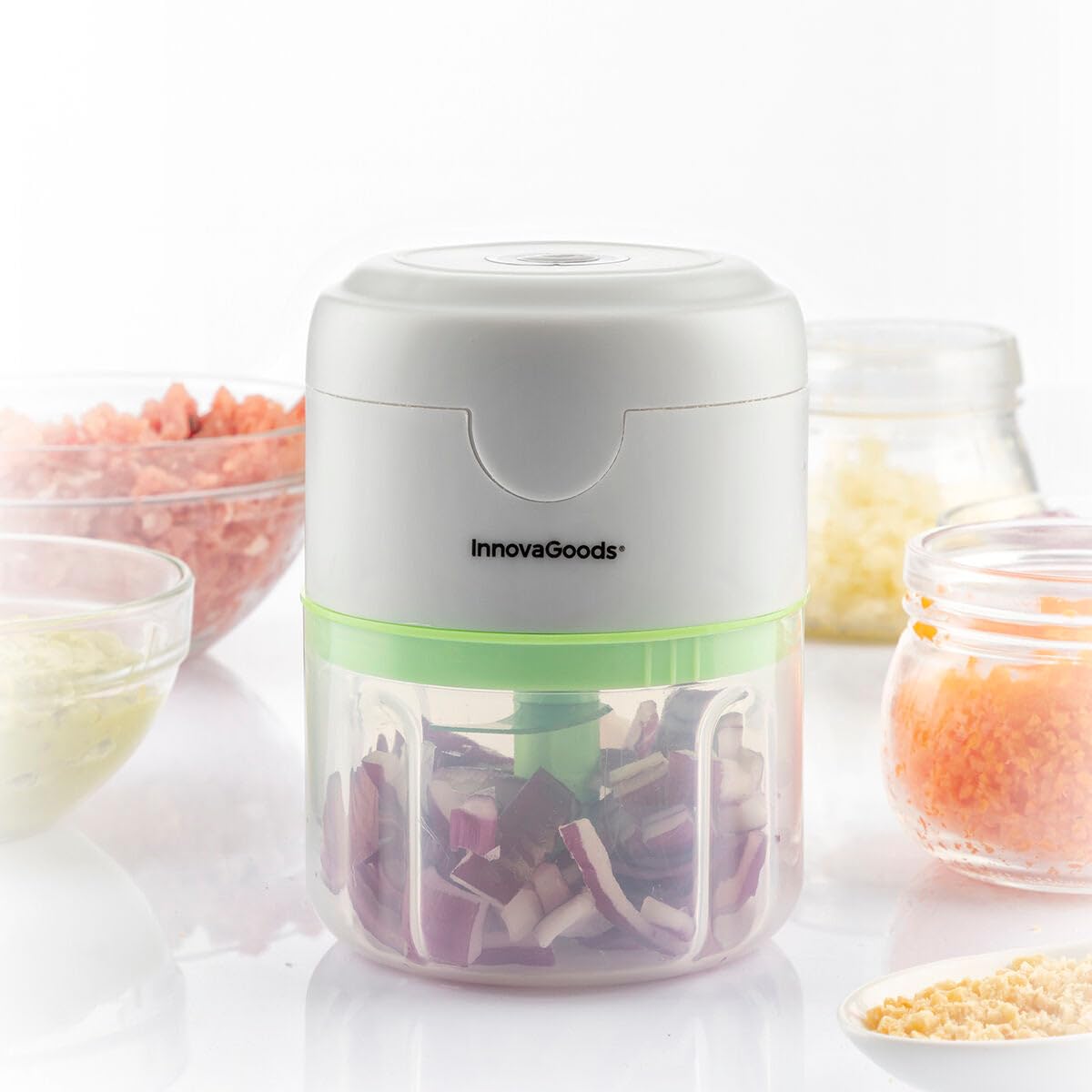 InnovaGoods® Echoppie, mini tritatutto portatile, portatile, pratico e versatile, ideale per tritare frutta, verdura, frutta secca, 3 lame in acciaio inox, capacità 150 ml, 45 W di potenza