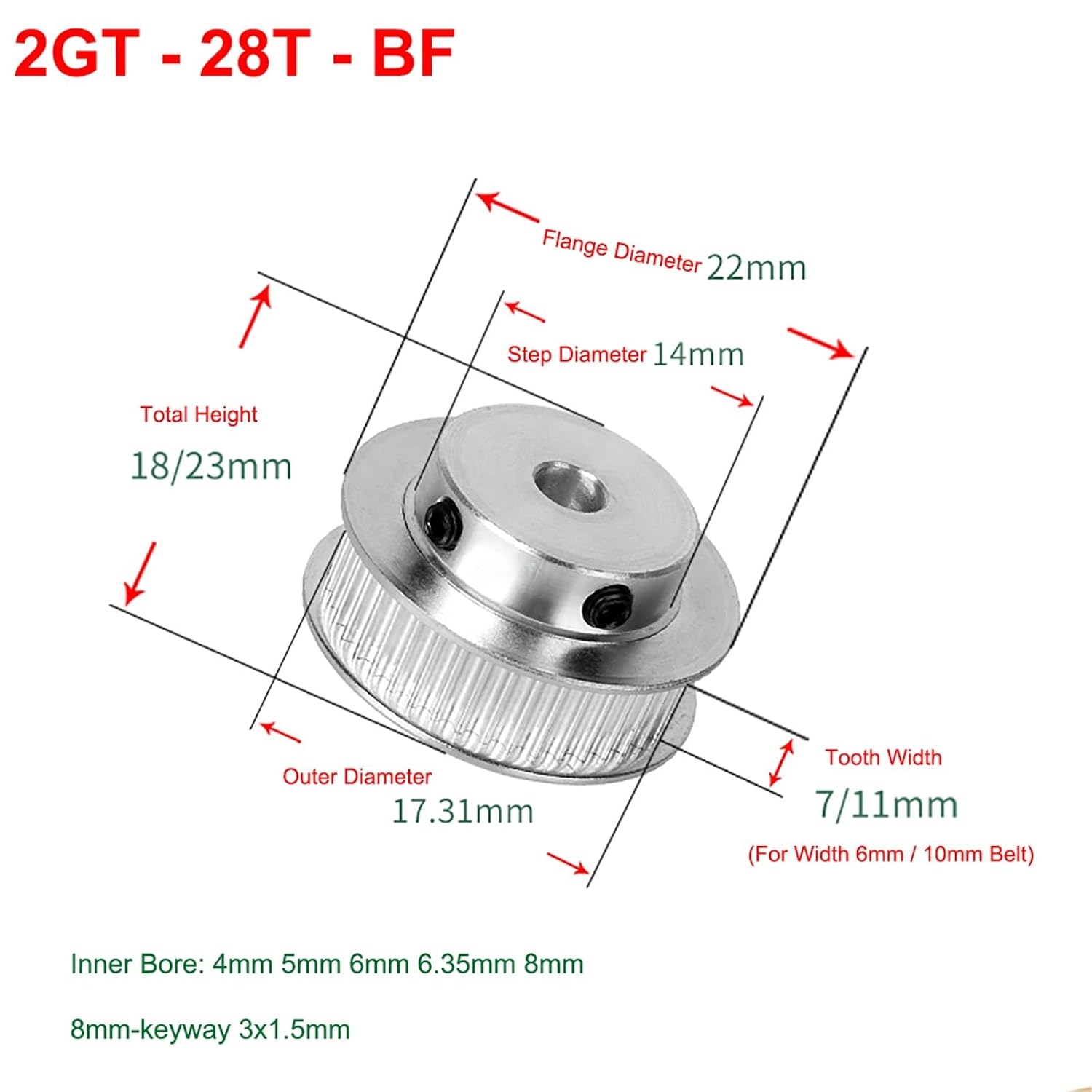 1pcs 28 Teeth 2GT Pulley Bore 4/5/6/6.35/8mm for Width 6mm/10mm BF Keyway GT2 Belts 3D Printer Parts(6mm)