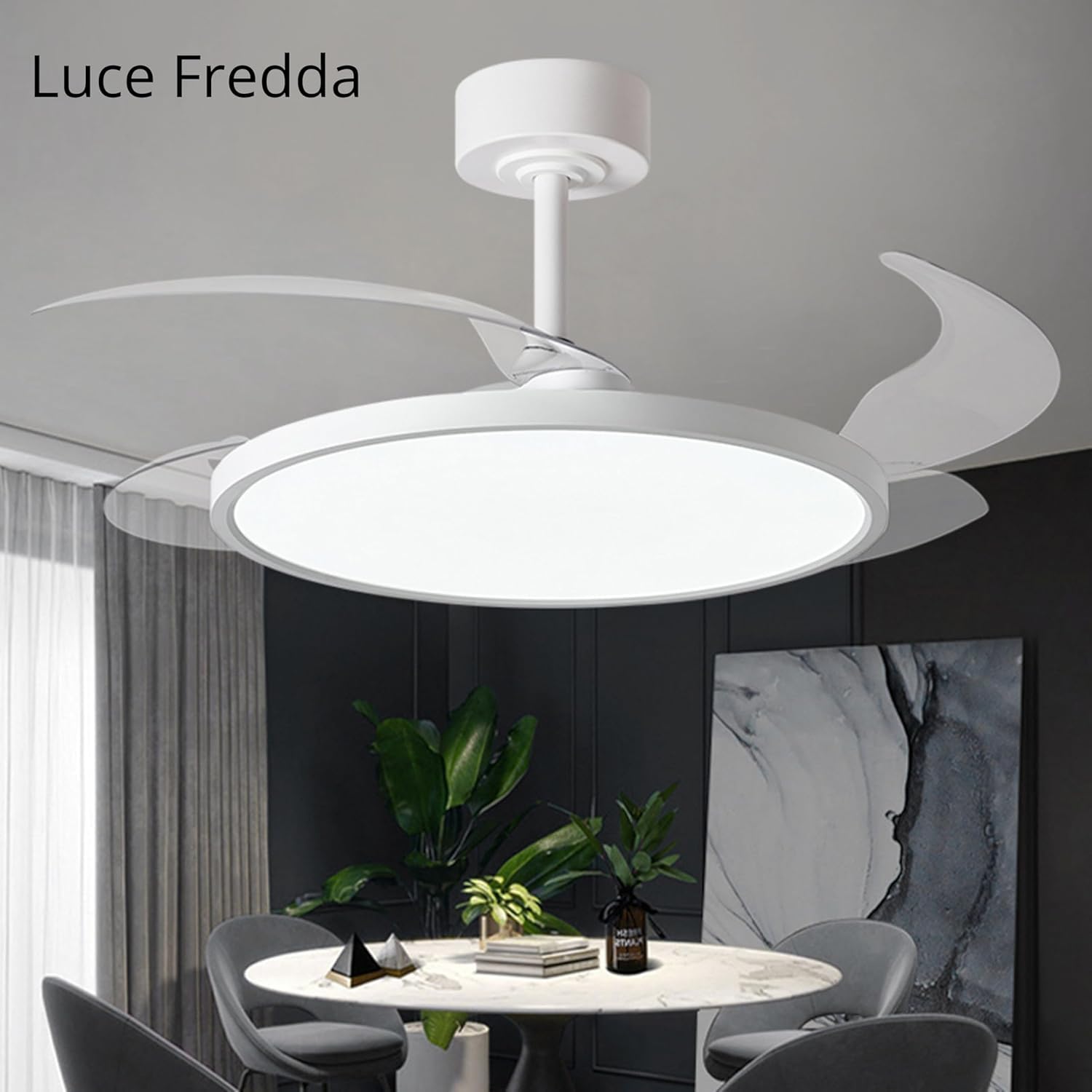 CLICLED Ventilatore da Soffitto con Luce Led e Pale Retrattili 80W | 4 Pale Retrattili a Scomparsa, Plafoniera 50 cm, Tre Temperature di Luce, Ultra Slim, Silenzioso