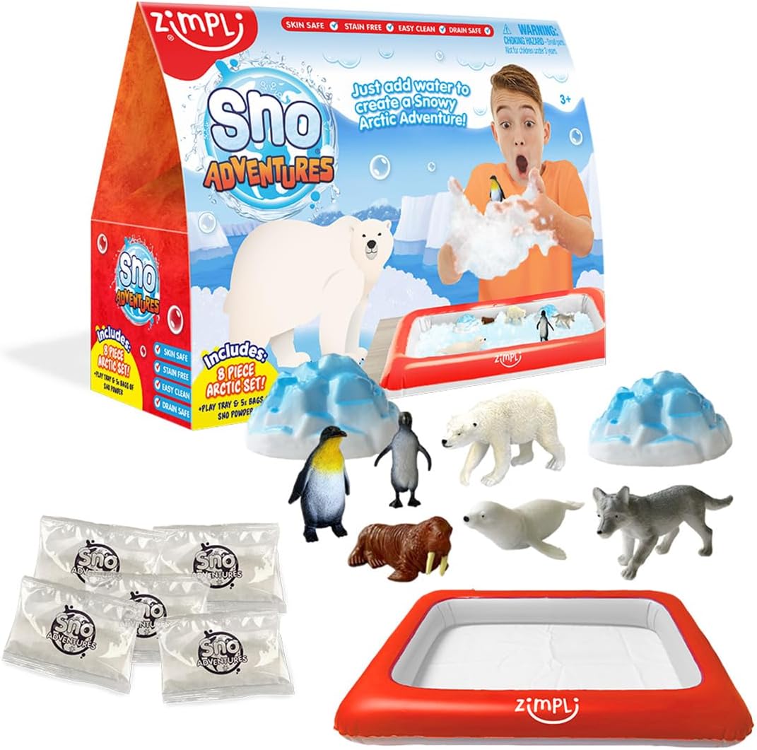ZIMPLI - Sno Adventures Arctic Pack, 5 Use, 8 x Arctic figures, Inflatable Play Tray, Imaginative Sensory Playset, Artificial Fake Snow Toy, Xmas Gift for Kids