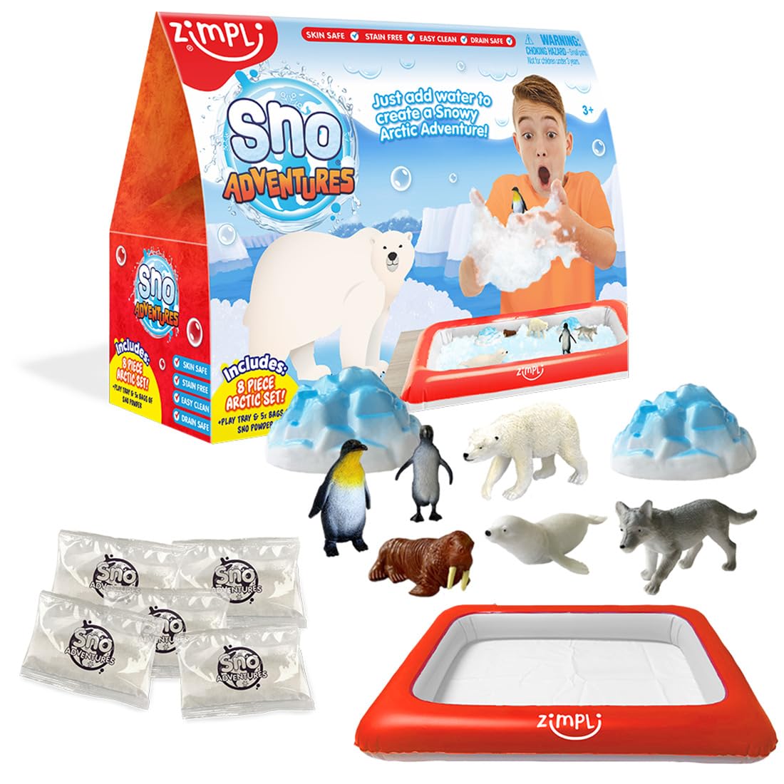 ZIMPLI Sno Adventures Arctic Pack, 5 Use, 8 x Arctic figures, Inflatable Play Tray, Imaginative Sensory Playset, Artificial Fake Snow Toy, Xmas Gift for Kids