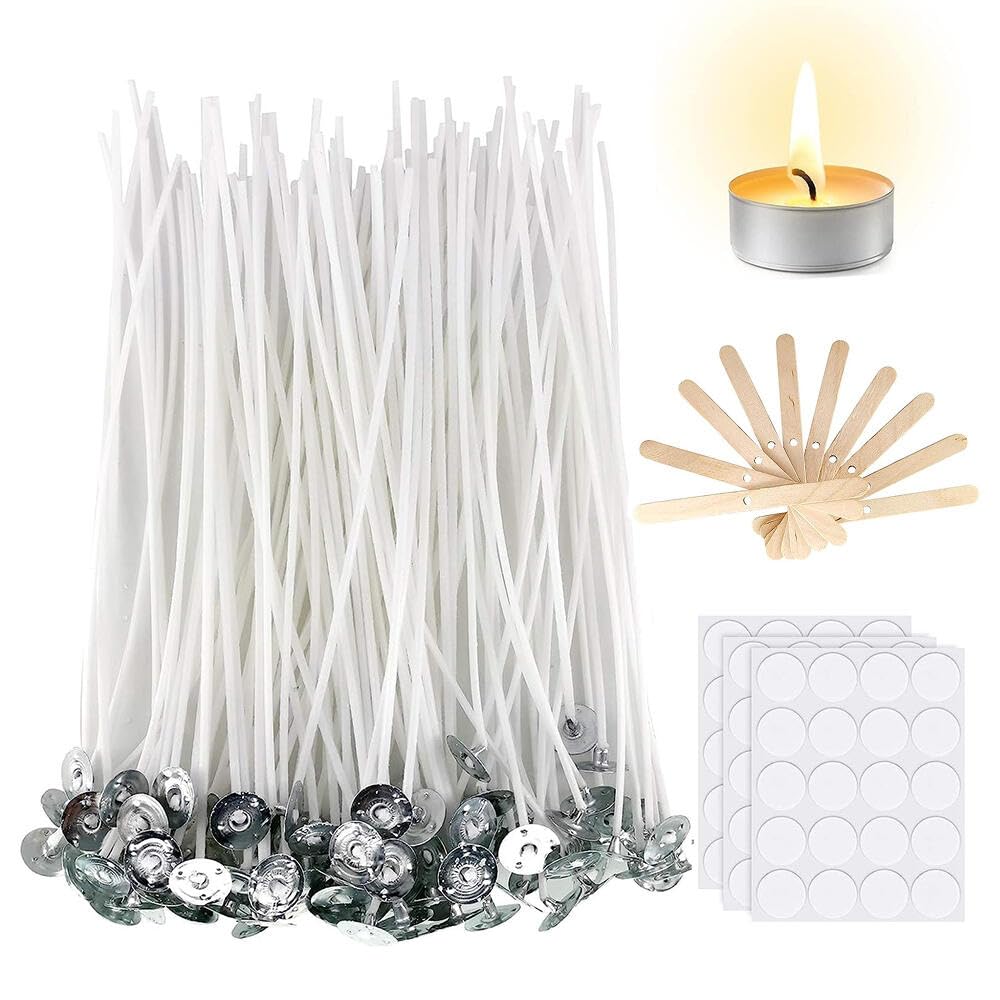 Goodern 100Pcs Candle Wicks Set,Bulk Candle Wicks with 30Pcs Candle Wick Stickers and 10Pcs Wooden Candle Wick Centering Device,Pre-Waxed Cotton Core Wicks for Candle Making and Candle DIY Gift-15cm