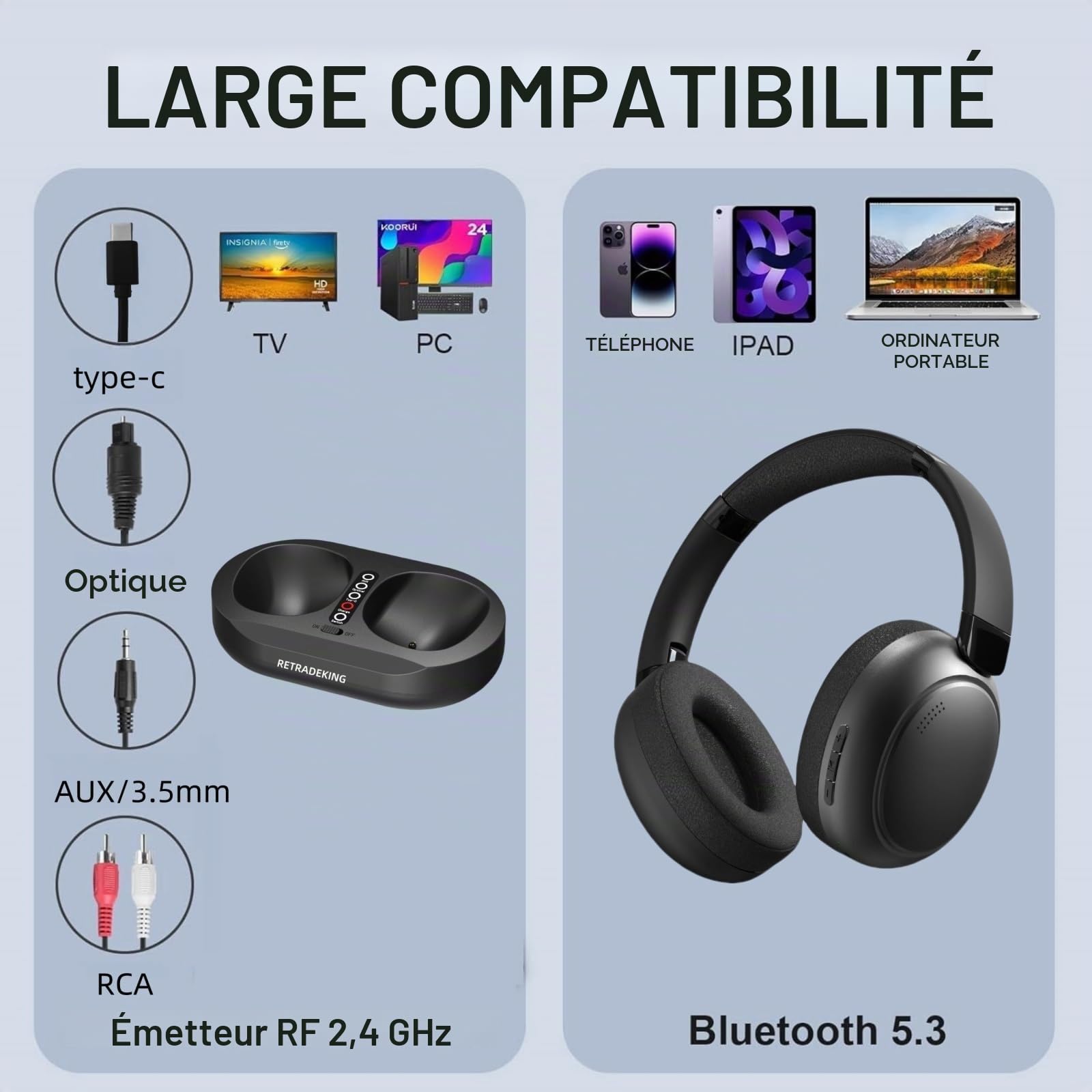 Casque TV sans Fil Supra-Auriculaire pour Personnes âgées, Casque Bluetooth 50 heures, Compatible avec Tous les TVs