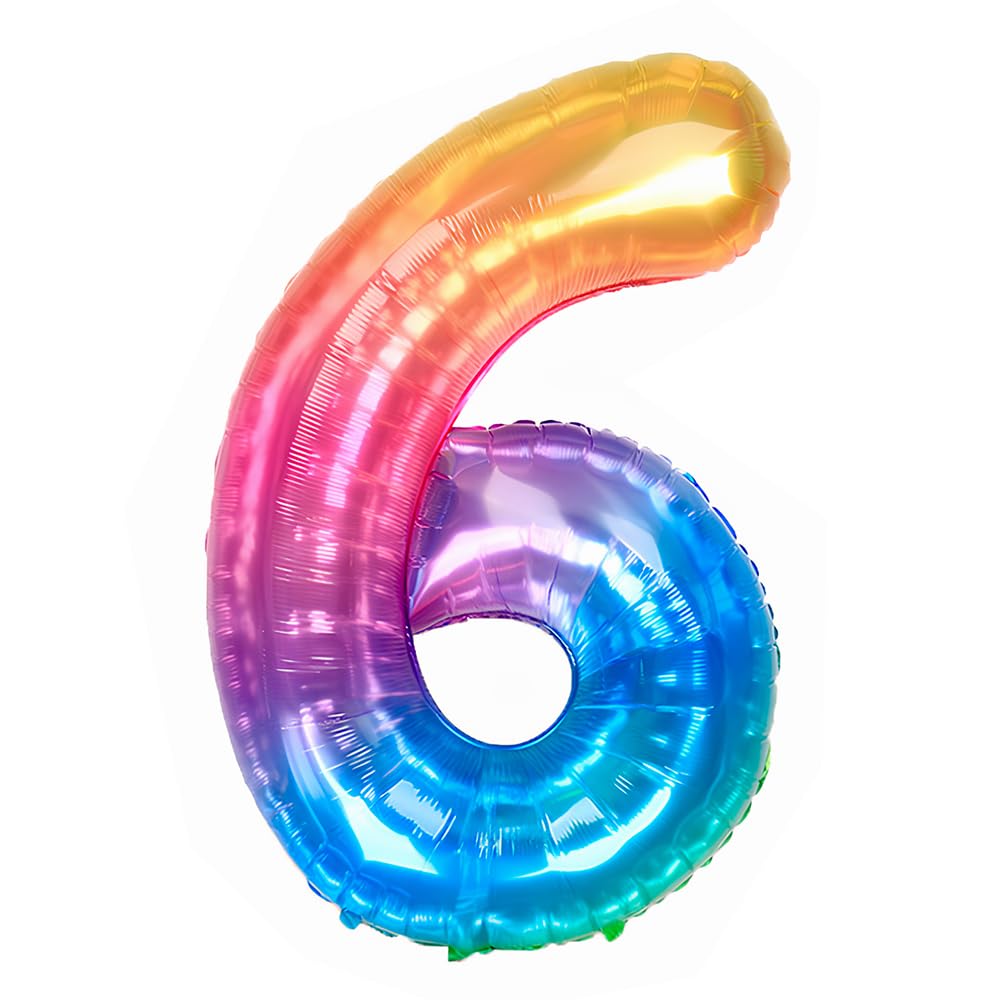 Ponmoo 40 inches Foil Balloons Numbers 6 Neon Rainbow (101cm), Inflatable Helium or Air, Giant Balloon Number 0-9, 10-29, 30-100, Grand Balloons for Anniversary Wedding Birthday Party Decoration — image 1