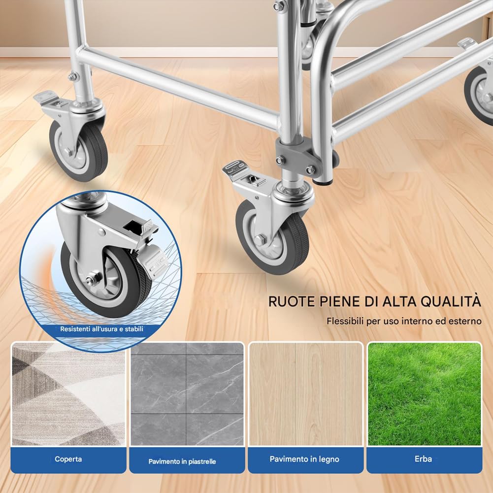 BAKAJI Sedia a Rotelle Impermeabile con WC e Coperchio Rimovibile, Seduta Ergonomica Comodo con Toilette Inclusa, Struttura Resistente, 4 Ruote Piroettanti e Maniglie Ergonomiche, 55 x 70 x 96 cm