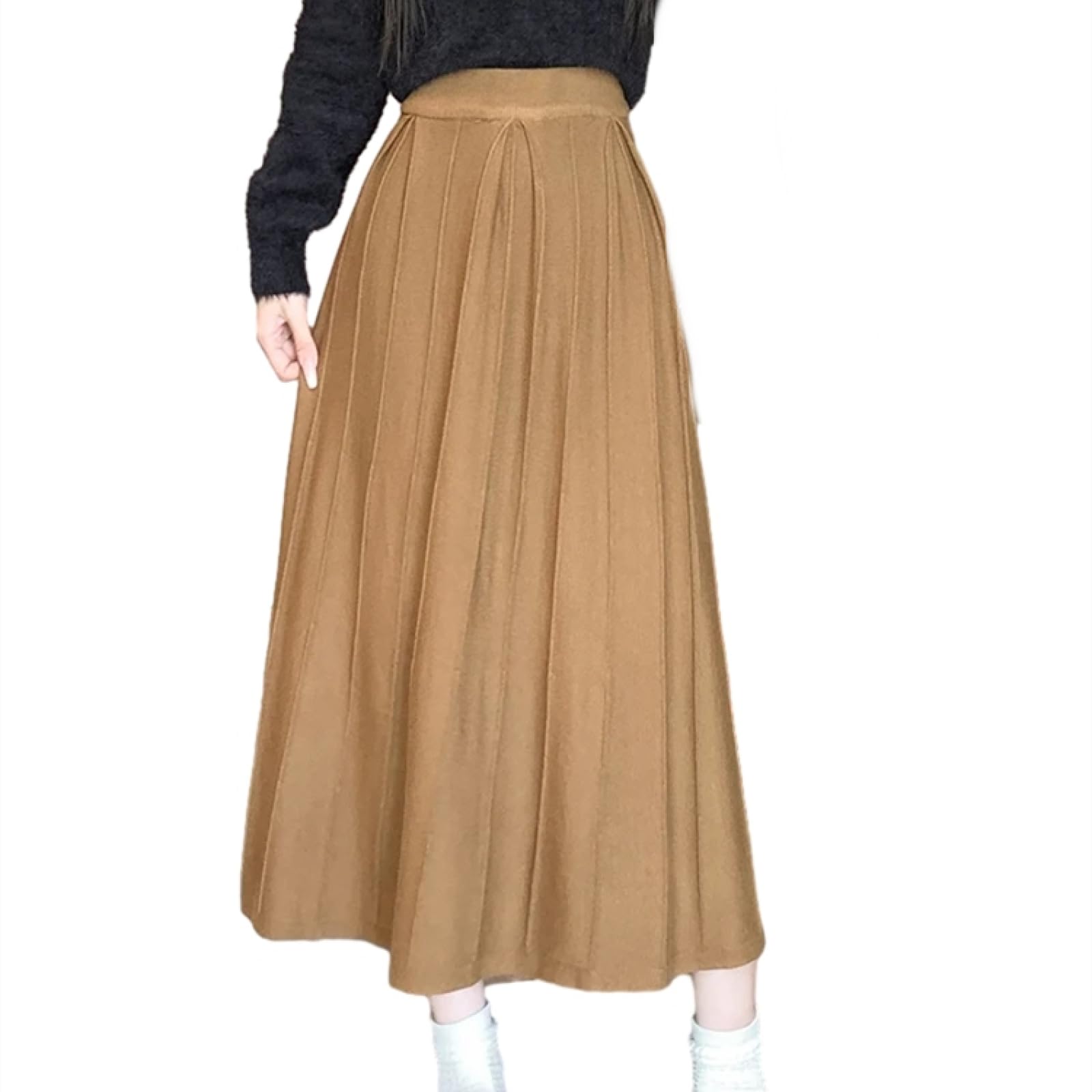 OLEETS Strickrock Für Damen - Frauen Stricken Langen Rock Herbst Winter A-Linie Hohe Taille Gefaltete Rock Mode Streetwear Einfache Klassische Für Party Arbeit Büro