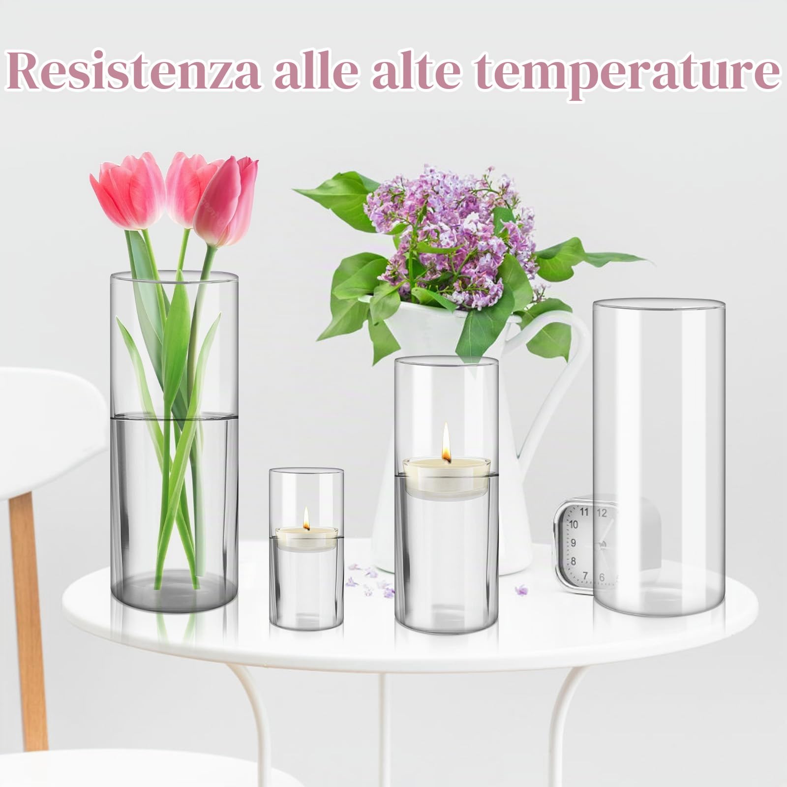 4 Pezzi Portacandele Cilindrici in Vetro, Porta Candele Trasparente, Vasi Candelabri, Vaso per Fiori per Matrimoni, Decorazioni, Sala da Pranzo, Feste e Centrotavola
