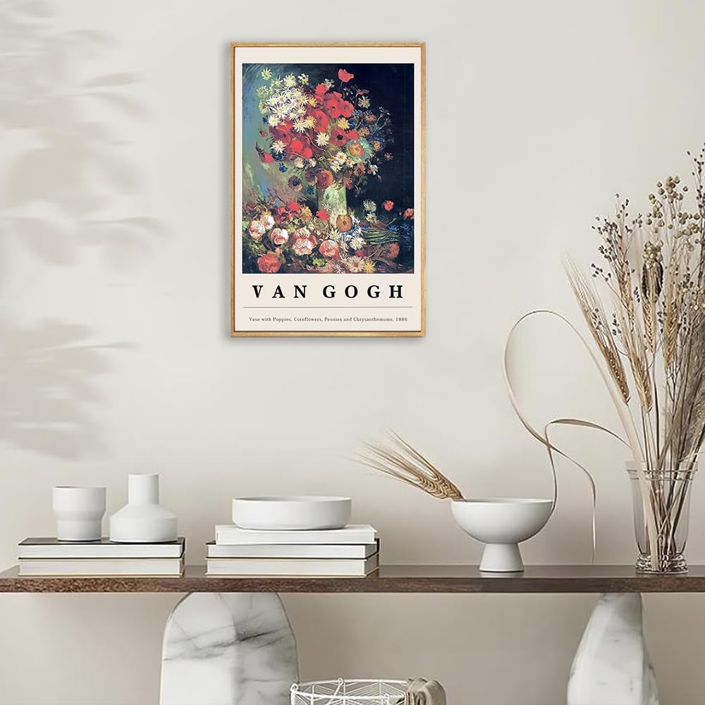 Framed Canvas Print Wall Art Van Gogh Vase with Poppies Cornflowers Peonies & Chrysanthemums Painting Reproduction Ready To Hang Living Room Bedroom Kitchen Office Home Decor 12"x16" Natural Framed image 4
