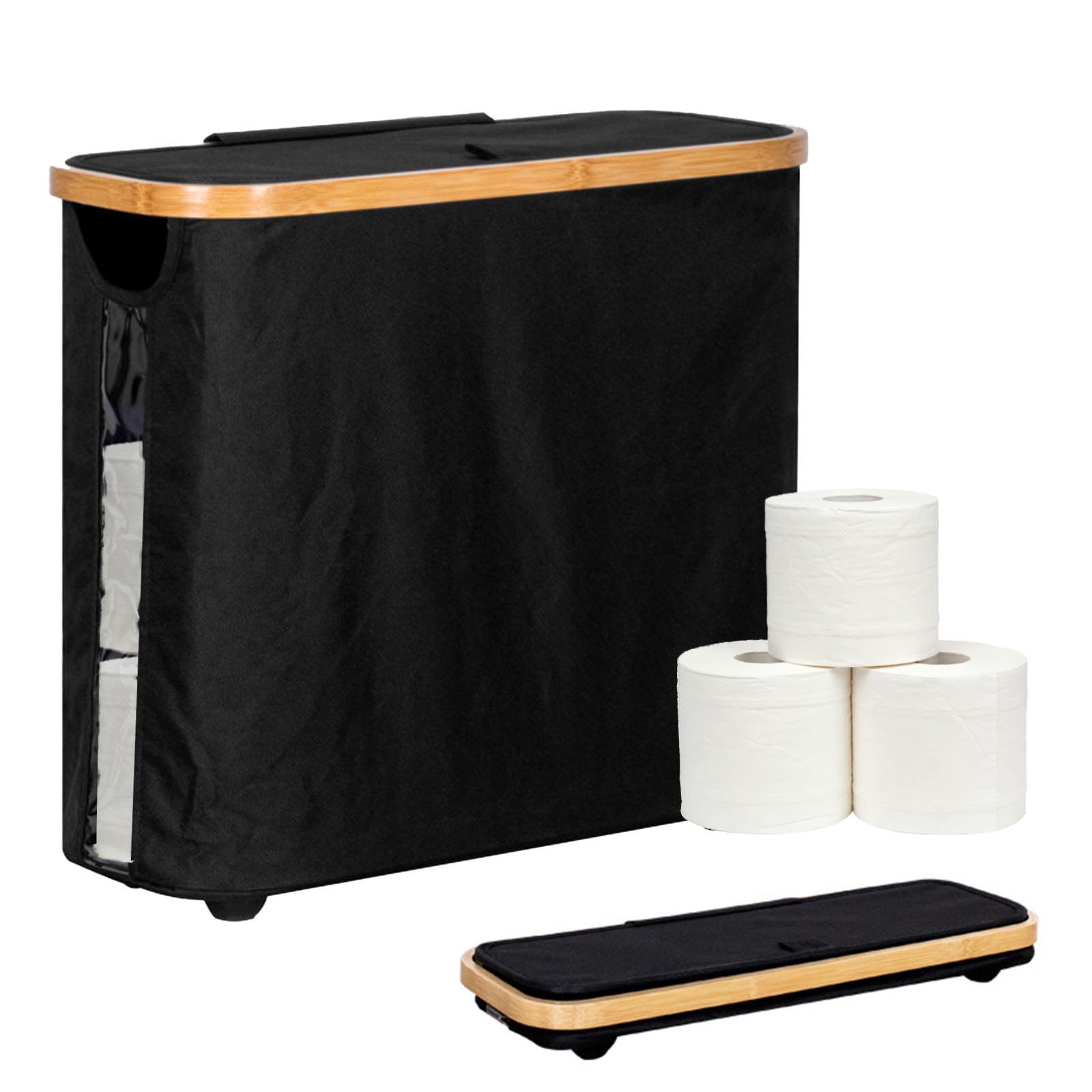 Toilet Roll Storage Box, 45 x 15 x 37cm Slim Toilet Paper Storage, Foldable Toilets Rolls Storagebasket with Lid, For use in Toilets and Bathrooms, Black