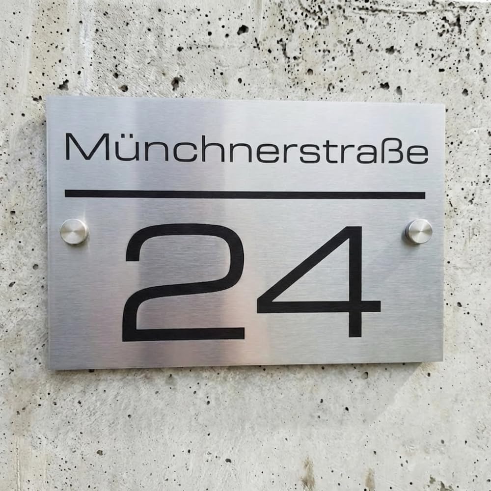 Pixadruck Edelstahl Hausnummer - Hausnummernschild mit Gravur Straßenname, Name und Wunsch-Nummer - V2A Look - UV-beständig (Edelstahl, 160 x 110 mm)