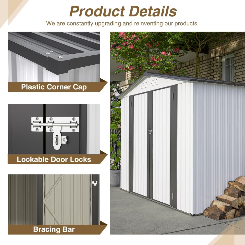 8 x 6 ft Outdoor Metal Storage Shed with Lockable Doors, Weather Resistant Steel Garden Tool Shed for Backyard and Lawn