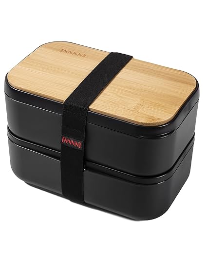 invvni Bento Box Adult Lunch Box - 2 Stackable Containers, 68 oz Large, Natural Bamboo Lid, Microwave Safe, Dishwasher Safe, Bpa free, Gifts for Women