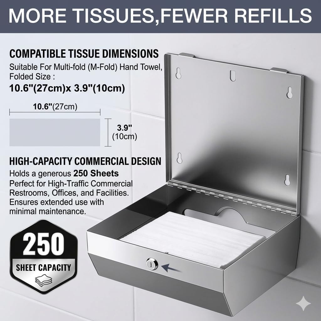 Commercial Stainless Steel Paper Towel Dispenser Wall Mount, Brushed Multifold C-Fold Hand Towels Dispenser for High-Traffic Restrooms, Offices & Schools, ADA Compliant,11"(L) x 10.2" (H) x 3.9"(W)