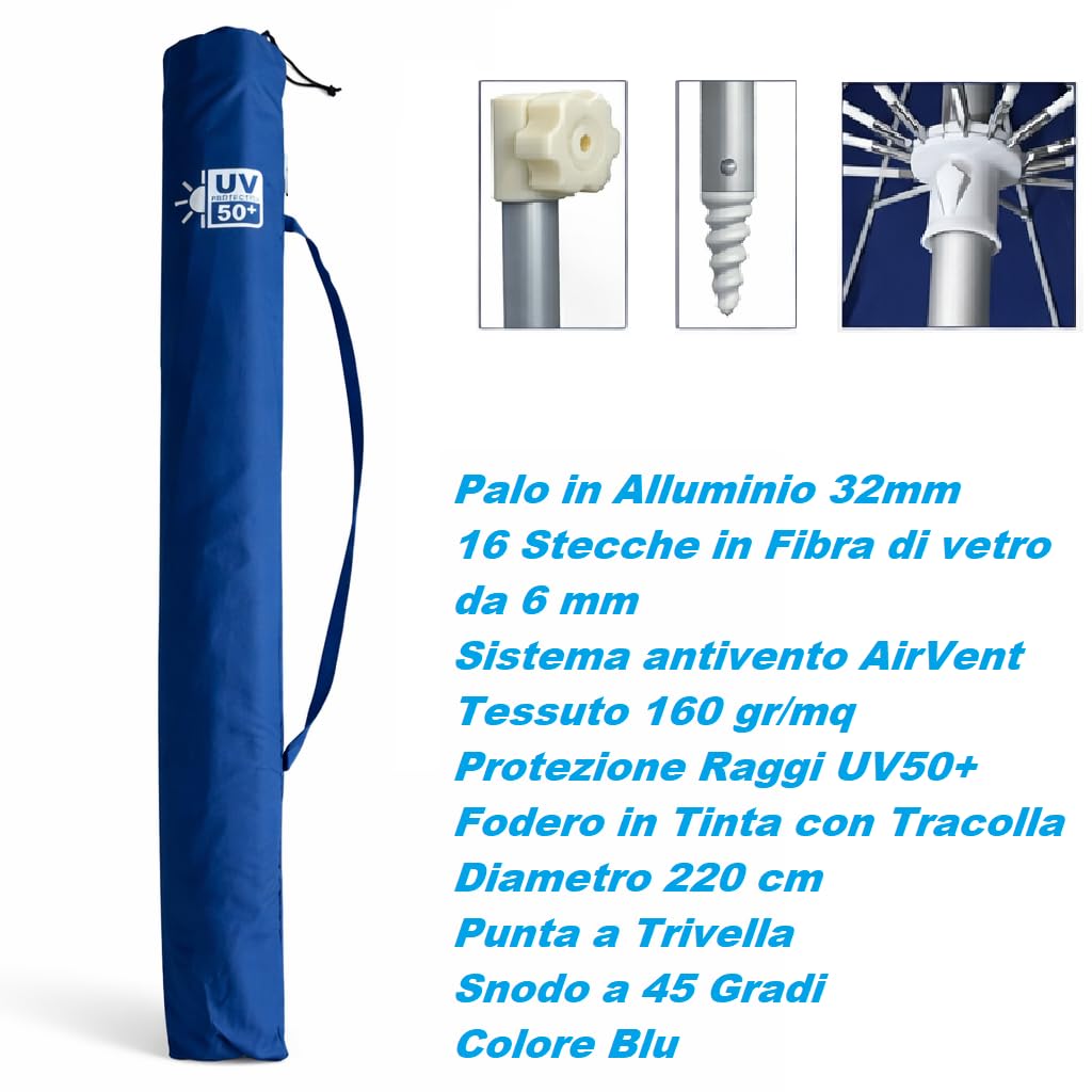 DANYX Ombrellone Mare 220 cm Antivento UV50+ 16 Stecche Fibra di Vetro Palo Alluminio Inclinabile Airvent