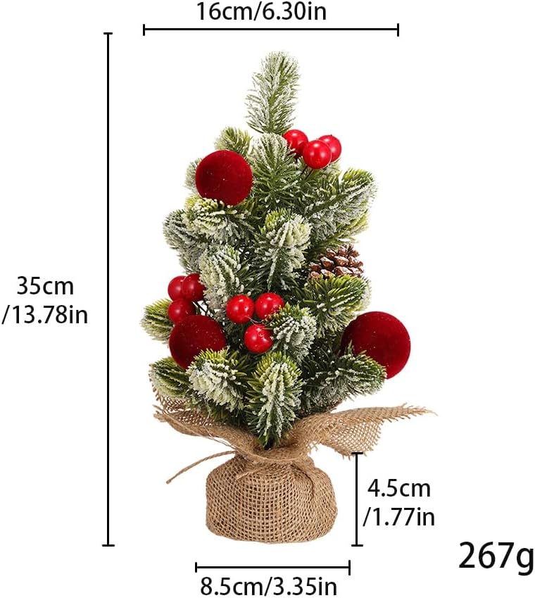 Burlap Small Christmas Tree Decor with Lights - Mini Tabletop Artificial Tree Centerpiece for Indoor Home Office Desk Holiday Decorations(Red Ornament)