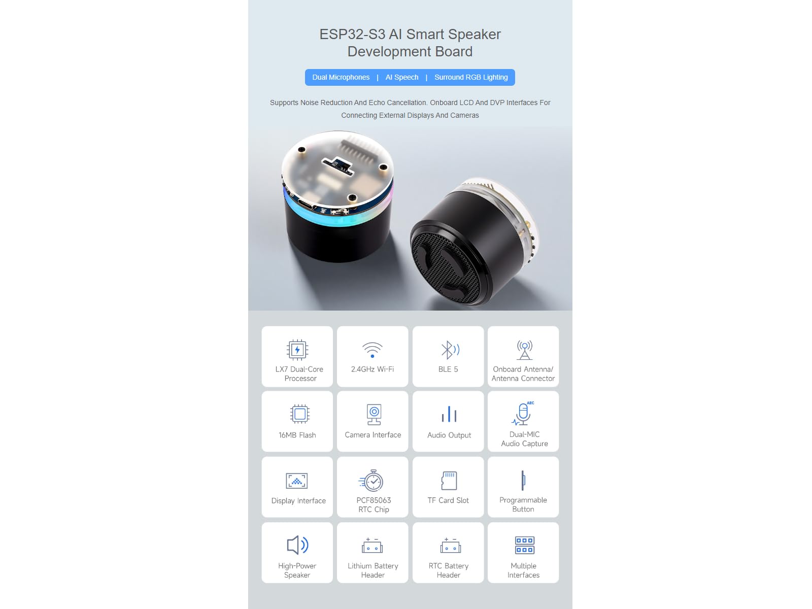 Waveshare ESP32-S3 AI Smart Speaker Development Board,Supports Noise Reduction And Echo Cancellation, Surround RGB Lighting,Supports AI Speech Interaction,Supports External LCD Displays And Cameras