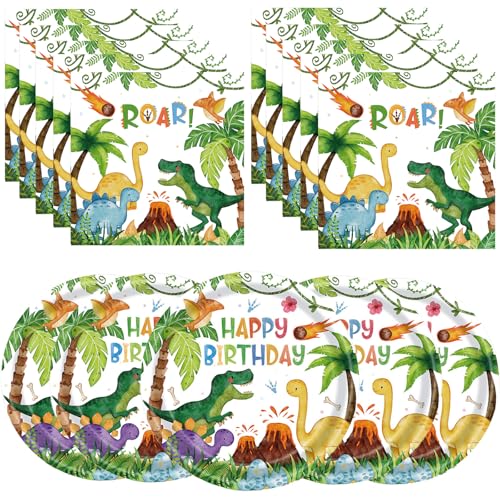 40 Pcs Dinosaur Plates and Napkins Watercolor Dinosaur Birthday Party Supplies Theme Party Decoration for Boys Kids