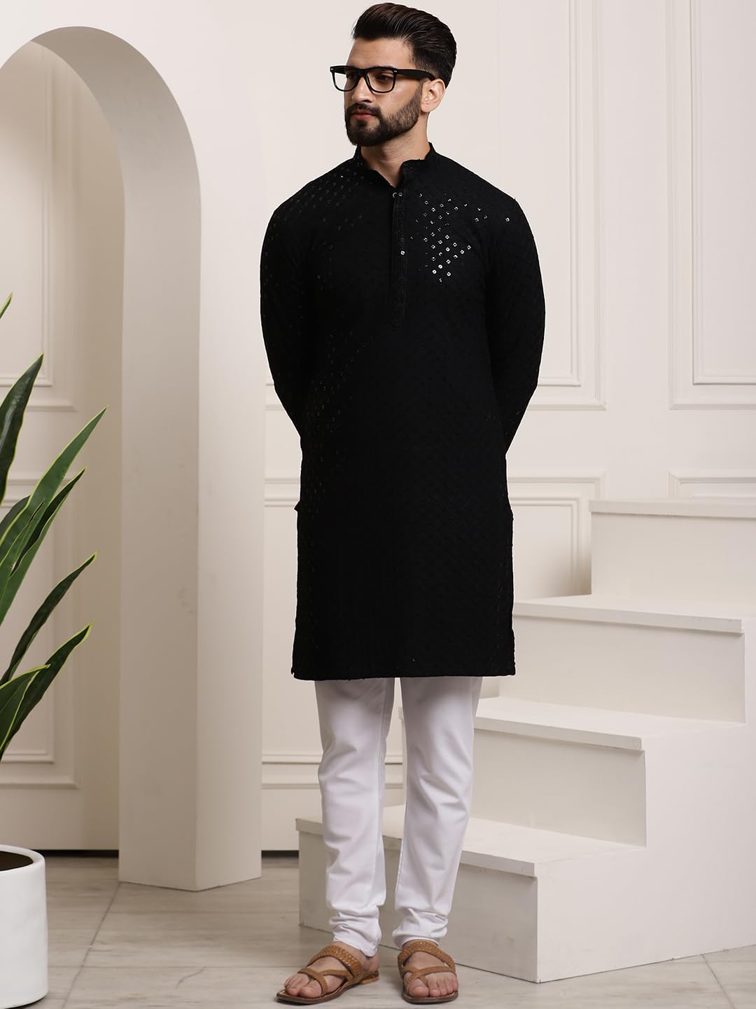 Sojanya (Since 1958 Men's Pure Cotton Black Sequence Kurta & White Pyjama Set