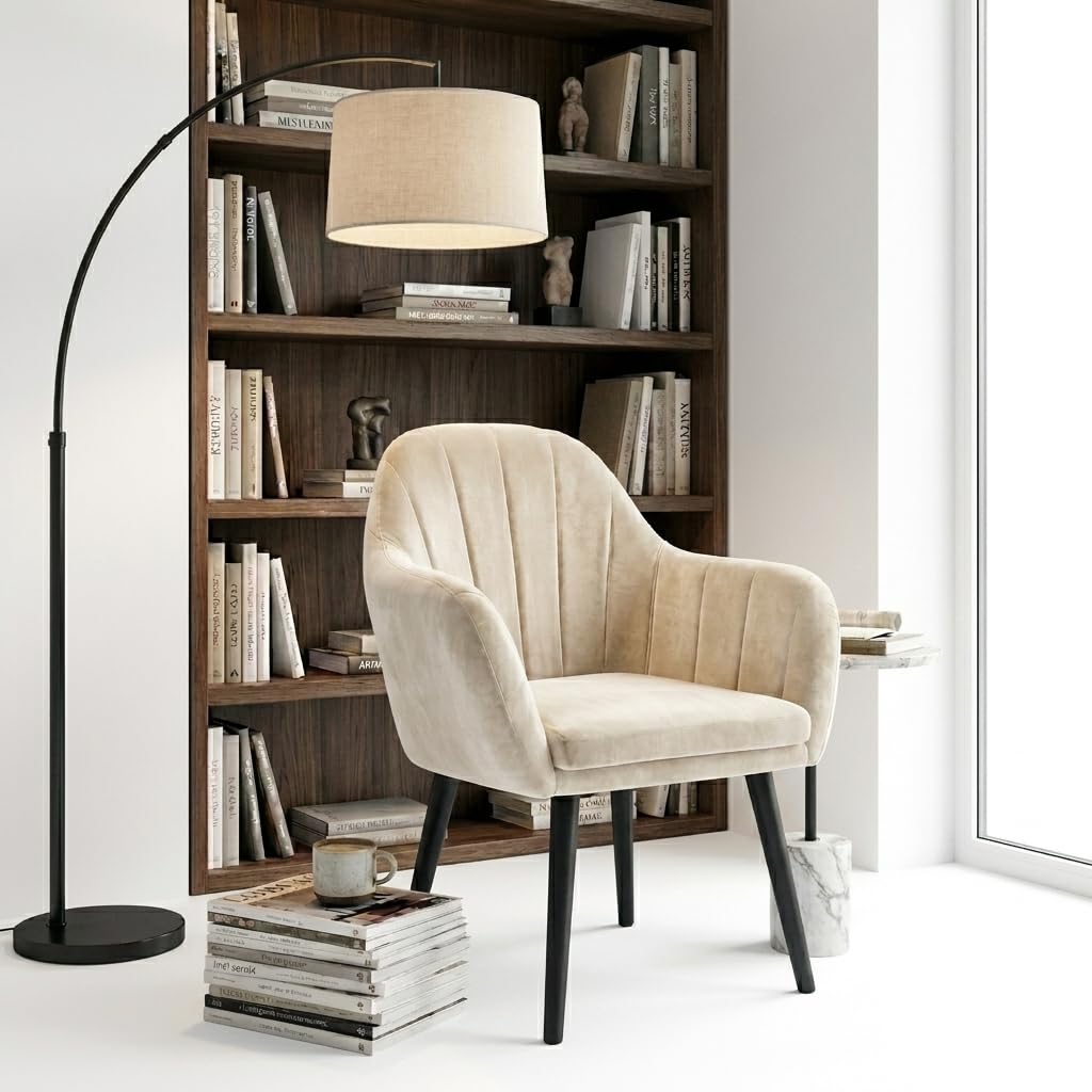 VISHCraft Velvet Upholstered Accent Chair for Living Room, Bedroom & Lounge, Cushioned Arm Chair with Wooden Legs, Modern Leisure Chair, Premium Fabric Seating, Single Seater (Cream) 1