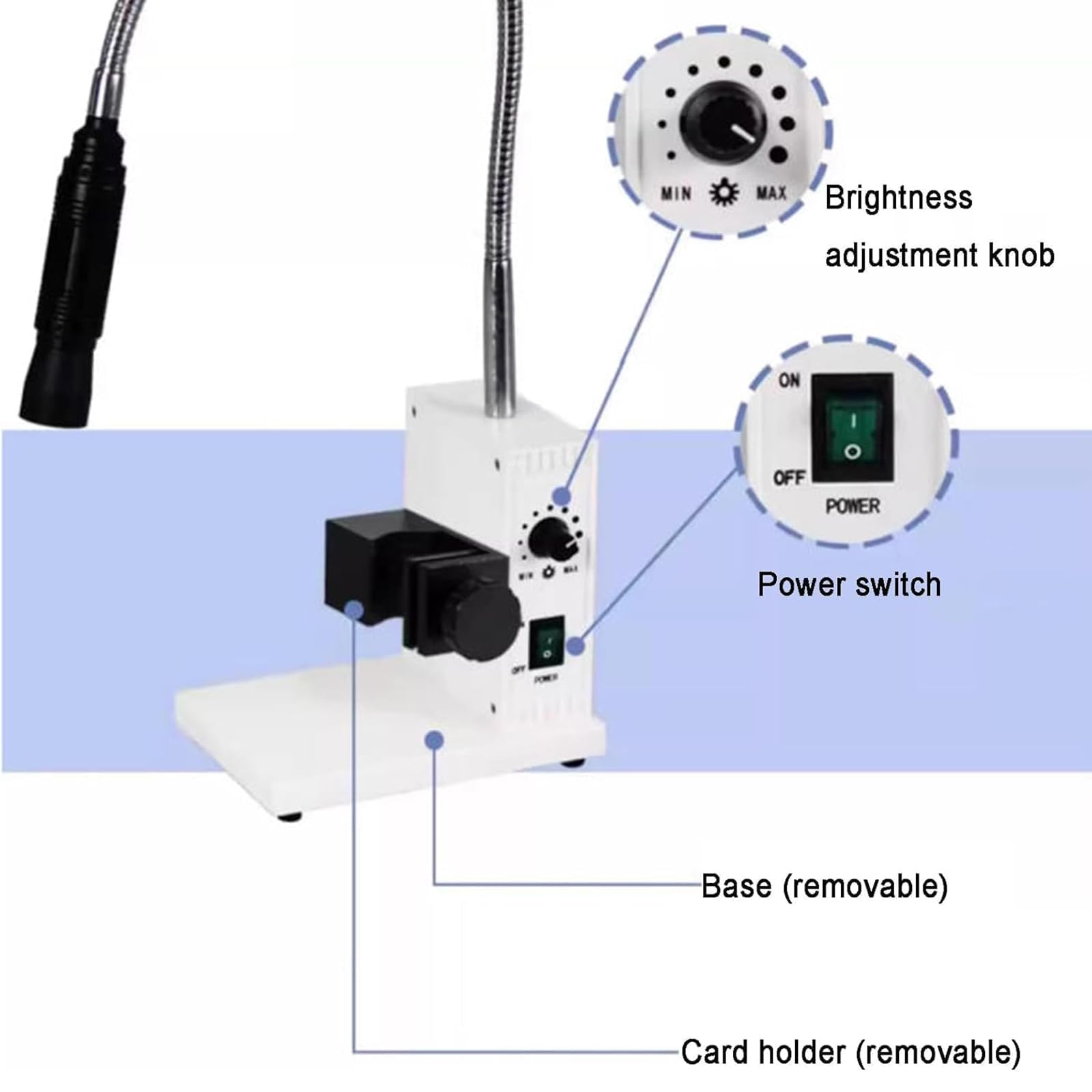 Iluminador LED de microscopio de fibra óptica con luces dobles flexibles de cuello de cisne, temperatura de color de 6000 K, brillo ajustable y apertura para microscopios de zoom estéreo