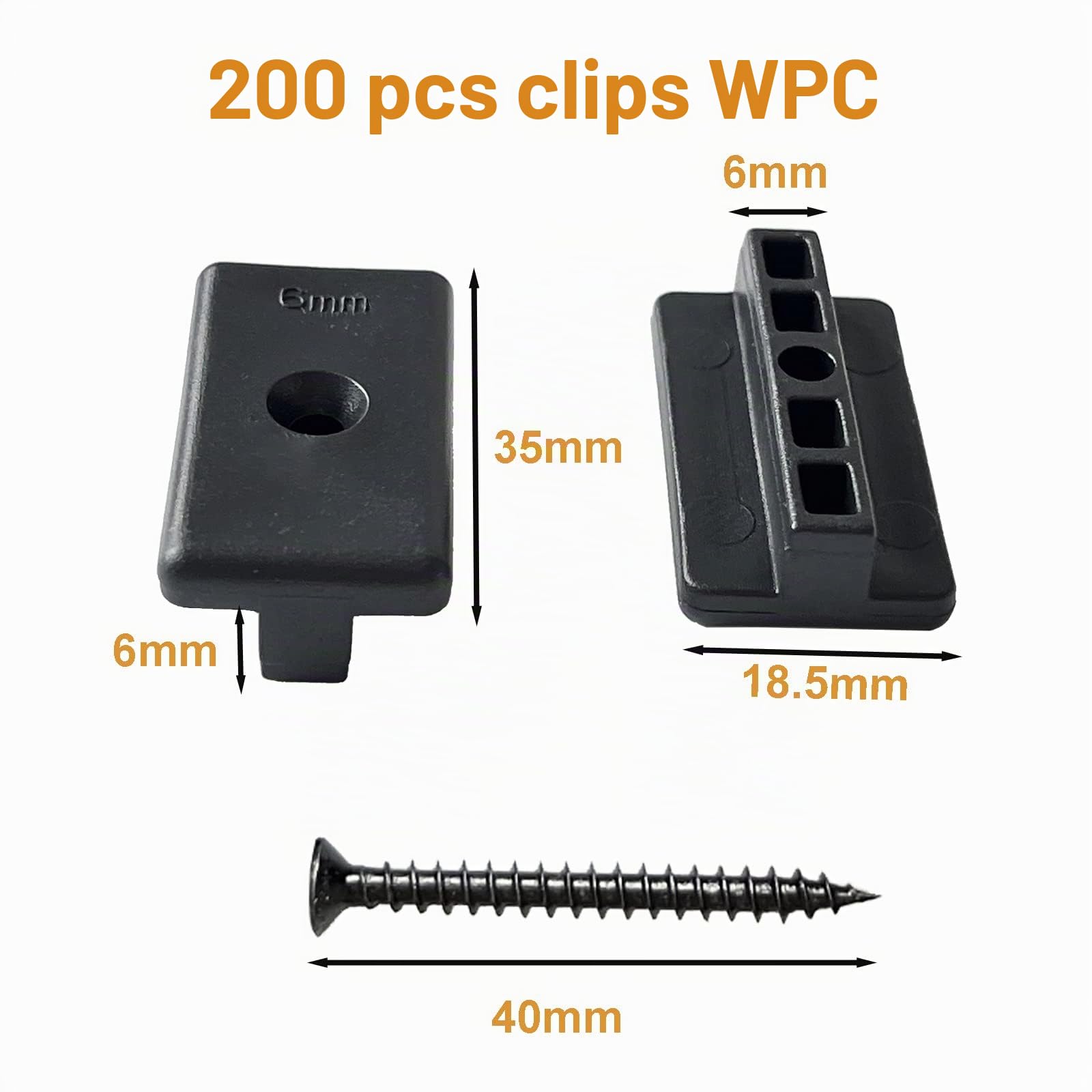 Lot de 200 clips WPC de 6 mm pour terrasse en plastique WPC/BPC, fixation cachée avec clip en T + vis (noir)