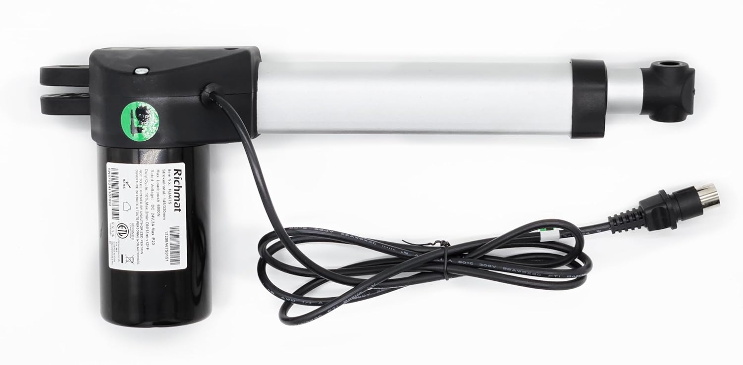 Overall view of the Richmat HJA67S actuator motor with its cable and 4-pin connector.