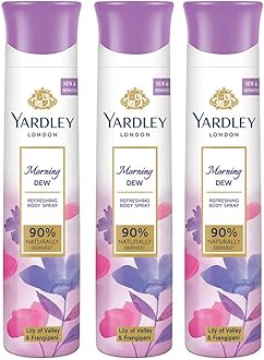 Yardley London Morning Dew Refreshing Body Spray Mega Pack| Lily of Valley & Frangipani Fragrance| Deodorant Body Spray For Daily Use| Deodorant For Women| 90% Naturally Derived| 150ml, Pack of 3