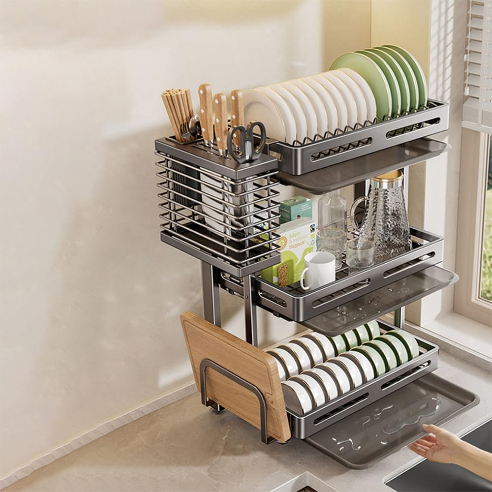 TentHome Escurreplatos Plegable de Acero Inoxidable 304 para Pared (Sin Taladro) / Encimera, Escurridor de Platos Grande para Cocina, Organizador Secaplatos (Negro, Dos Pisos)