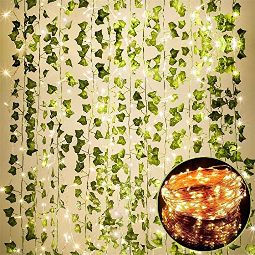 84 FT Artificial Ivy Vine Garland - 12 Pack With 100 LED String Light - Fake Leaf Plants Greenery Garlands for Home, Kitchen, Garden, Office, Wedding Wall Decor