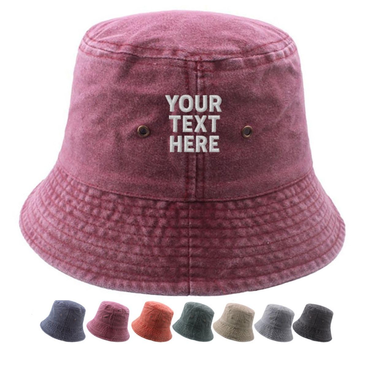 Van Der Linn Unisex Denim Burgundy Embroidered Personalised Cotton Adult Fisherman Bucket Hat Men Women (Denim Burgundy)