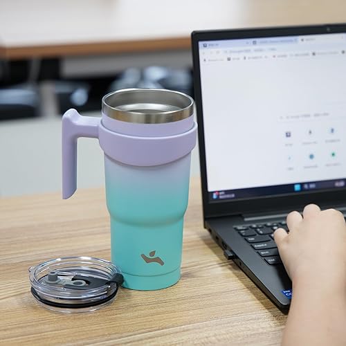 Miniatura 7 de Vaso de 20 onzas con asa y 2 pajillas, 2 tapas, botella de agua aislada de acero inoxidable al vacío, taza reutilizable para viaje, Oasis