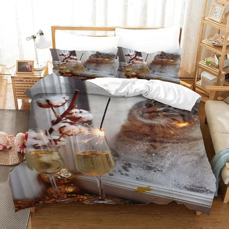 Housse de couette chat beige et taie d'oreiller microfibre douce pour lit enfant 90x190