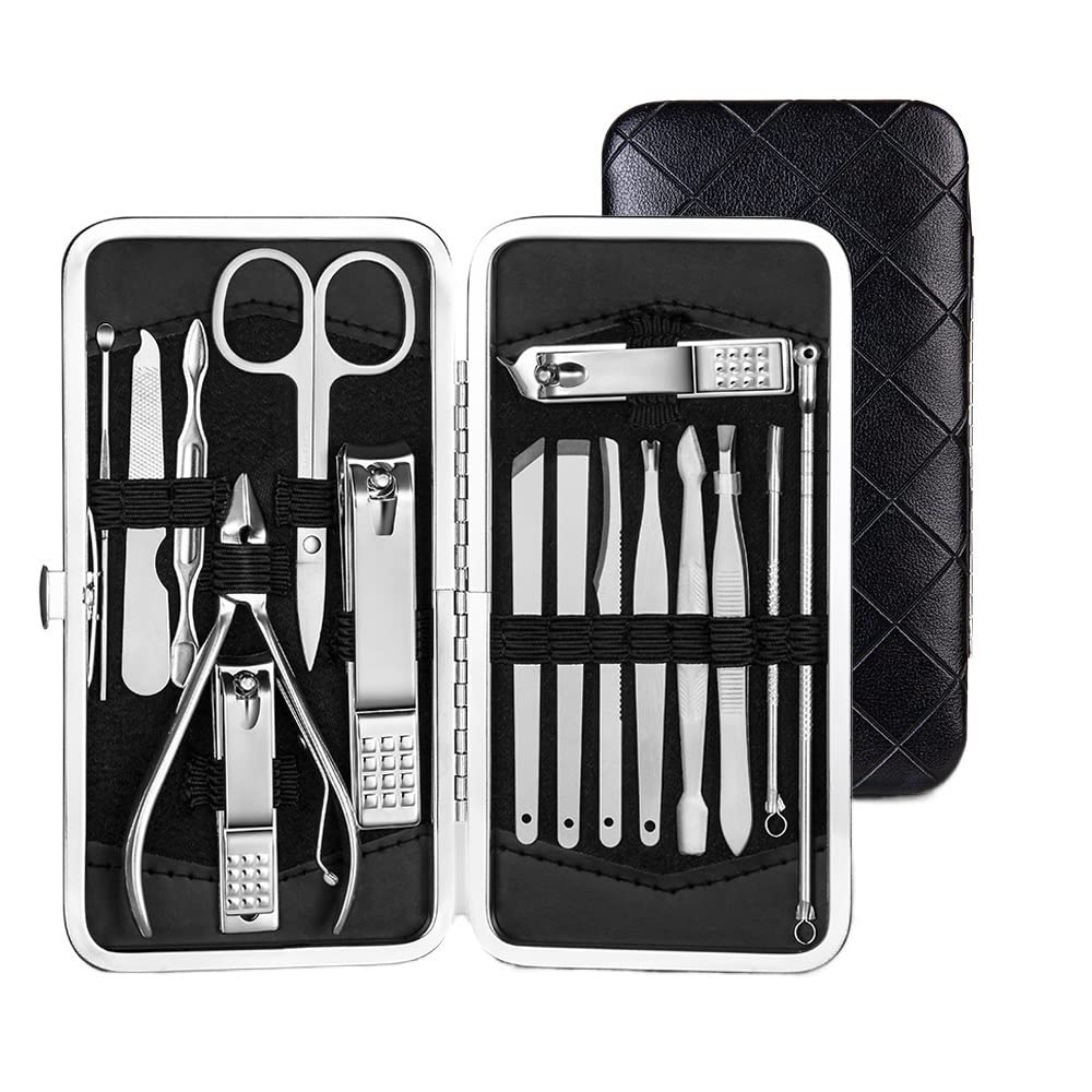 SCRUBY Juego de manicura, cortaúñas y pedicura, kit de manicura profesional de acero inoxidable, herramientas de cuidado de uñas con estuche de viaje (16 piezas, negro)