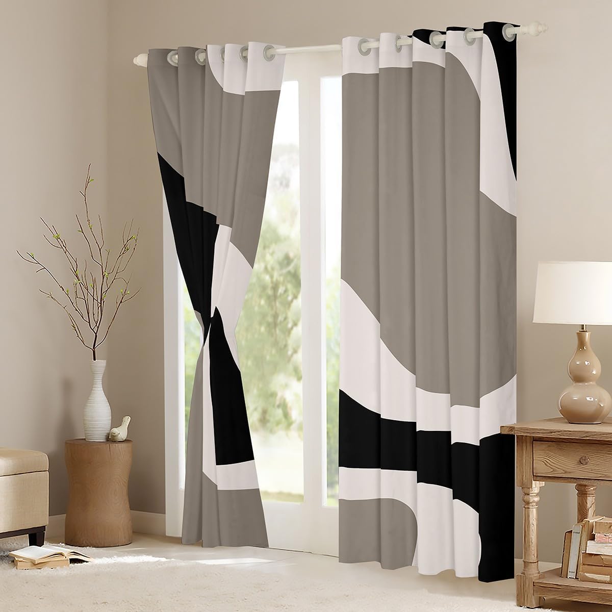 Erosebridal Black Beige Striped Curtains,Boho Modern Geometric Abstract Window Curtains Drapes for Women Men Adult, Stripes Bold Lines Window Treatments,Minimalist Stylish Art Decor,52" Wx84 L