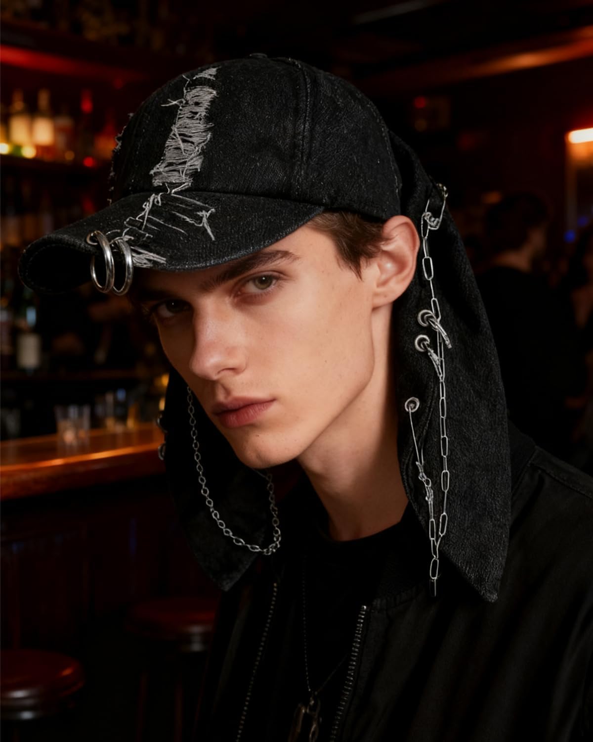 Gothic Denim Rabbit Hat with Ears Bunny Ears Hat Y2k Grunge Iron Ring Chain Cap Distressed Baseball Caps Ripped Jean Cap