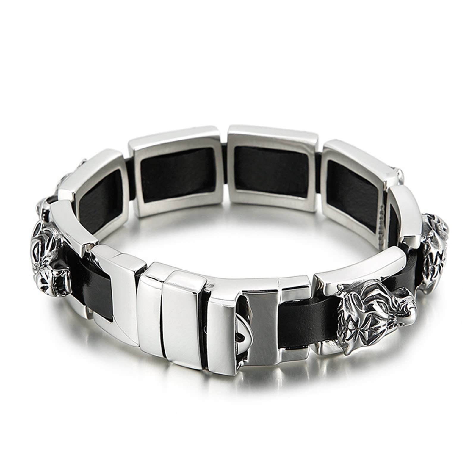 Gualiy Pulsera para hombre de acero inoxidable, pulsera de cuero de 19 mm con tigre de 22,5 cm de longitud, pulsera punk, 22.5, Cuero