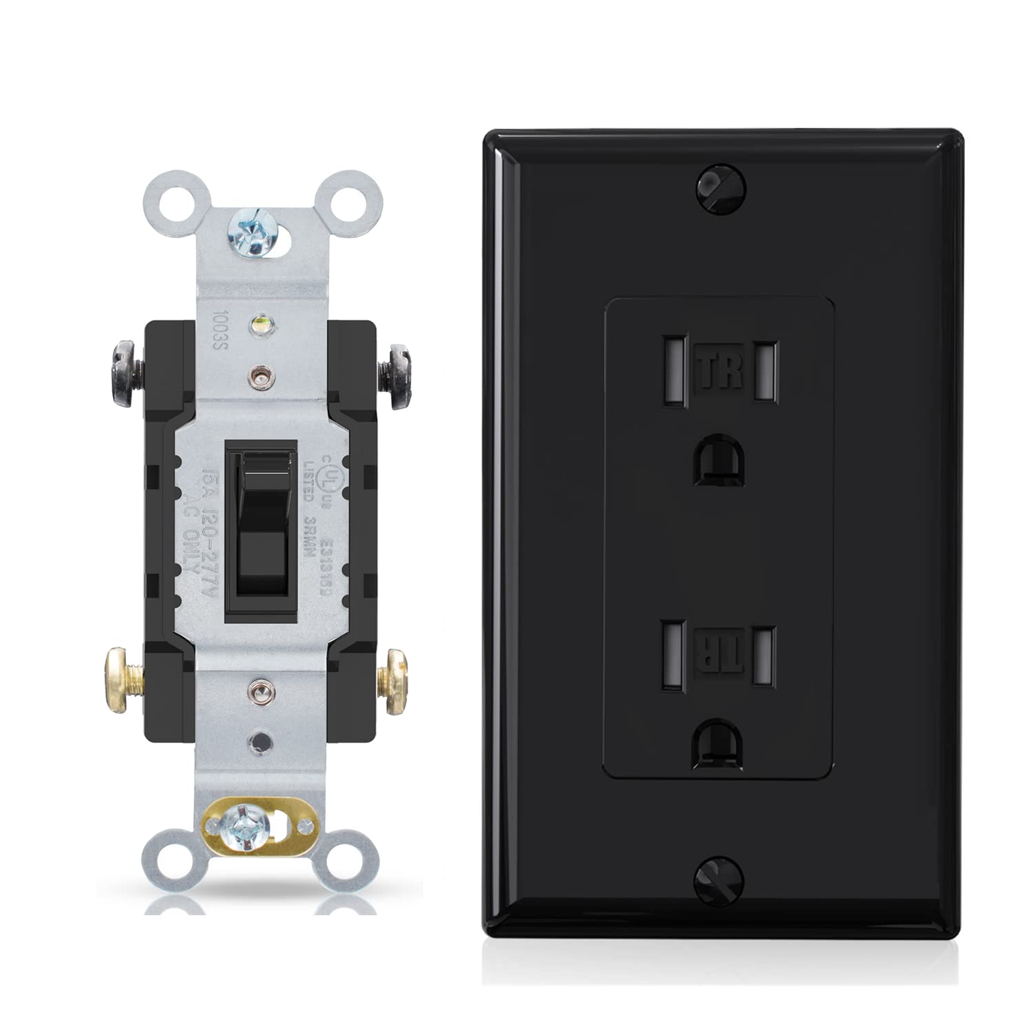 ELEGRP 4 Way Toggle Light Switch & ELEGRP Tamper Resistant 15 Amp Outlets(10 Pack, Glossy Black