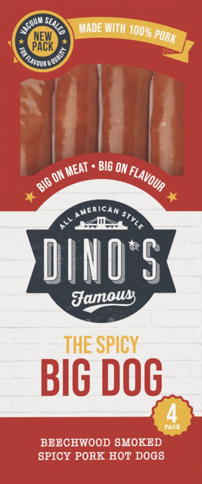 Dino's Famous All American Style The Spicy Big Dog, 4 Beechwood Smoked Spicy Pork Hot Dogs 360 g (Pack of 1)