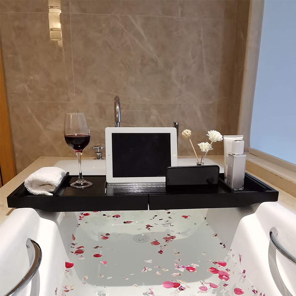 Ruby Lil Bandeja De Bañera Bandeja Caddy Bandeja De Bambú, Bañera Caddy Bandeja Expandible con Colocación De Taza, Jabonera, Espacio De Libros Y Ranura para Teléfono para SPA, Baño Y Ducha,75~110cm